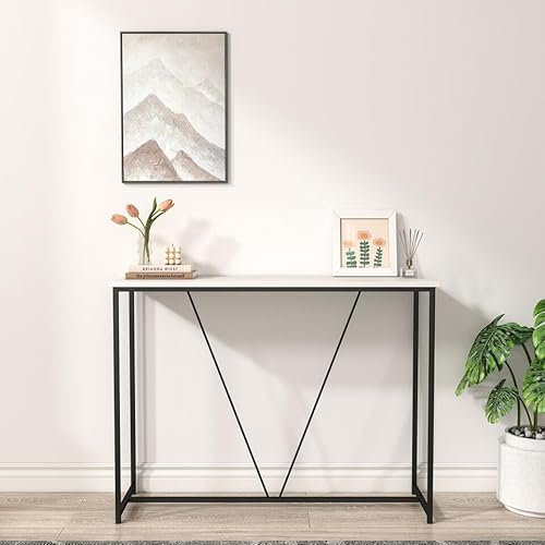 URBNLIVING Modern Entryway Slim Wooden Console Table with Display Shelf for Living Room, Hallway, Narrow Accent Table, Stylish Storage Solution, Rustic Home Decorative Stand (White)