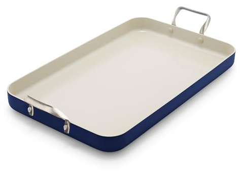 GreenPan Poêle à griller à double brûleur de 45,7 x 27,9 cm, en céramique anodisée dure, antiadhésive, sans PFAS, poignées en acier inoxydable, passe au lave-vaisselle, passe au four et au gril, bleu