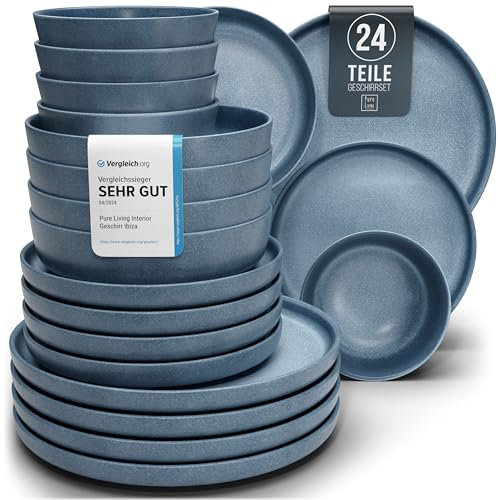 Steingut Geschirrset 6 Pers. 24-tlg Hochwertiges Urban Style TEST SEHR GUT Steingut Geschirr Set - Schüssel- und Teller Set - Tafelservice 6 Personen Geschirrsets Pure Living in matt Blau