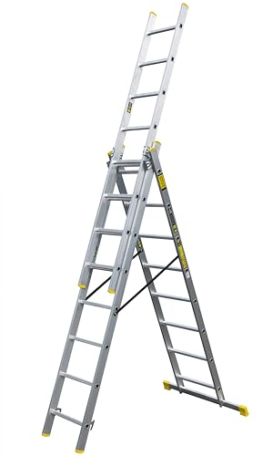 Bayersystem BS-DW 3x8 Mehrzweckleiter, 3x8 Sprossen, 3-teilige Alu-Kombileiter, bis 150 kg belastbar, max. Arbeitshöhe 5,27 m, Klappleiter, Multifunktionsleiter, Stehleiter, Silber/Gelb