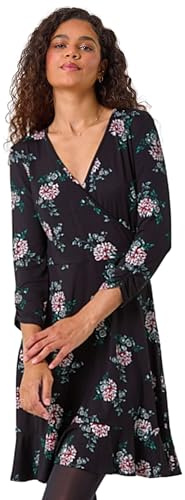 Roman Wrap Tea Dress for Women UK Ladies Fit Flare Skater Swing Stretch Frill Long & Short Sleeve Evening Cocktail Party Work Office Smart Casual Knee Length - Black Multi - Size 18