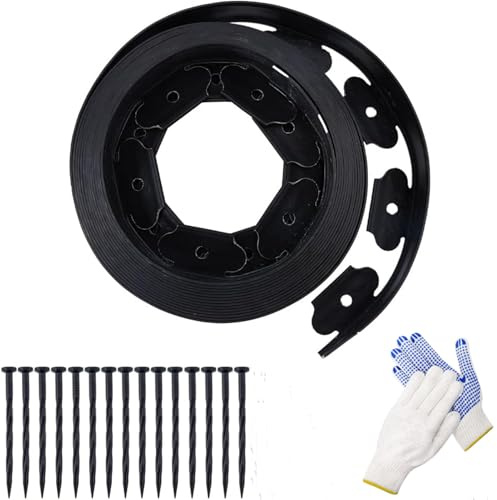 CiCixixi Bordura de Jardín Flexible 10 m x 5 cm, Borde de Plástico Negro para Aiuolas y Césped, con 30 Clavos y 1 Par de Guantes