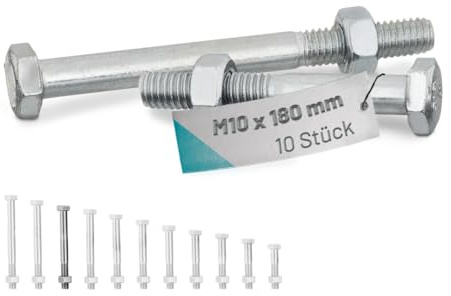 VOOXA 10St DIN931 Sechskantschrauben A2 M10x180mm+DIN934 Sechskantmutter | DIN 931 Sechskantschrauben mit Schaft Teilgewinde mit DIN 934 Mutter | für U/H-Pfostenträger | V2A Maschinenschrauben