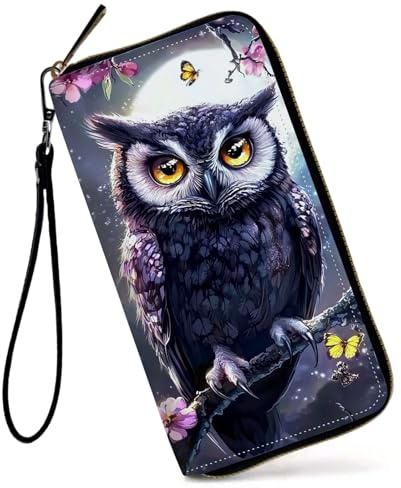 GFRGTFHYT Damen-Geldbörse, großes Fassungsvermögen, RFID-blockierend, PU-Leder, Handgelenk-Geldbörsen für Damen, Eule Mond, Women Wallet, Eule Mond