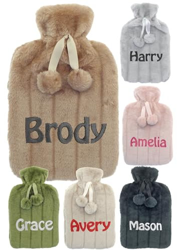 Personalised Hot Water Bottle with Soft Faux Fur Cover + Pom Poms Gift for Cozy Nights Pain Relief for Back Neck and Shoulders Great Gift 2 Liter (Mocha)