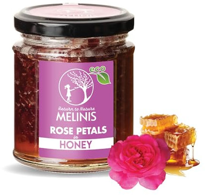 Miel Bio d’Acacia aux Pétales de Rose – 87 % Miel Cru, Roses de Damas et Jus de Citron – Tartinable Élégant pour Glaces, Chocolats et Desserts – 230 g – Melinis