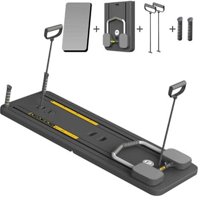 Giabuao Faltbares Multifunktions-Pilates- und Bauchmuskeltrainingsgerät mit Bauch-Roller,Pilates Board Ellenbogenstütze, automatischem Rückprall und Spannseil für Heim-Fitness-Studio,Grau