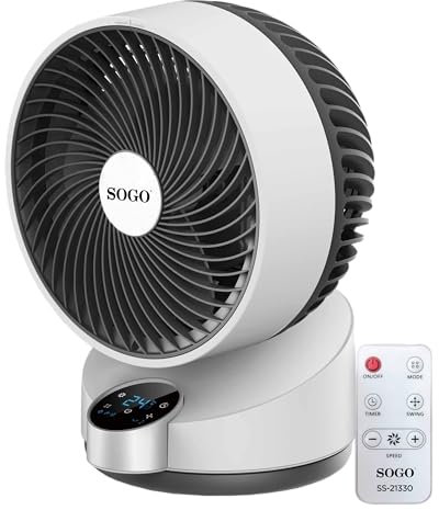 SOGO Ventilador de Sobremesa 50W - Función de Circulacion de Vortice con 3 Modos de Ventilado con Inclinación - Motor Silencioso y temporizador 12H