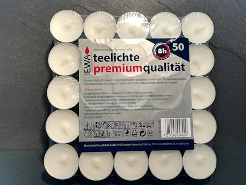 EWA Teelichter in Premium Qualität mit 8 Stunden Brenndauer - Kerzen in Weiß mit Silberschale für Windlichter, Gastro/Gastronomie & Weihnachten (2)