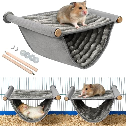 Rat Hammock, Rat Cage Accessories, Guinea Pig Hanging Swing Bed (Grey) | 2 Layers Hamster Hammock for Cage, Plush Warm Bed Pet Hideout toy for Ferret Chinchilla Parrot Playing Sleeping