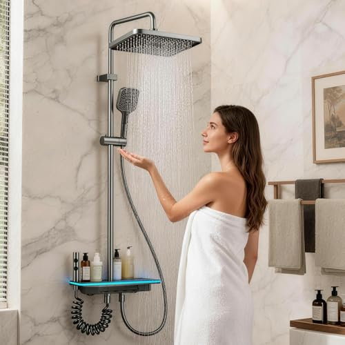 Kinhoou Mitigeur de douche thermostatique moderne avec écran LED, kit de barre de douche 4 en 1 avec lumières ambiantes, grand pommeau de douche carré de 30 cm et 3 voies pour salle de bain