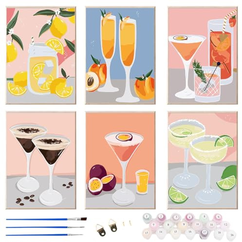 Peinture Numero Adulte Cocktail, 6 Pièces Peinture par Numero Adulte, Peinture par Numéro de Cocktail,Toile Peinture Numero Adulte Cocktail avec Pinceaux et Peintures Acryliques pour Décoration Murale