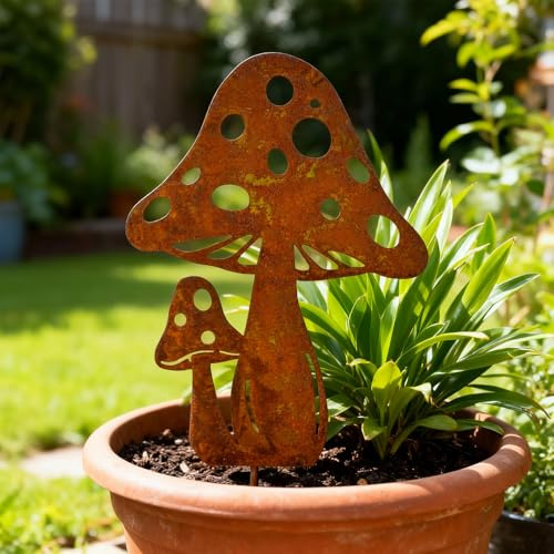PIujsym Pilze Deko Gartenstecker Metall, Gartendeko Für Draußen Wetterfest, Gartenstecker Rost, Gartendeko Ros, 30cm Hohe Pilzfigur Für Beet & Topf, Dekorative Garten Deko Rostoptik