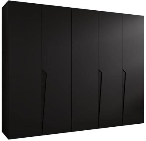 MEBLE KRYSPOL - Kleiderschrank - Garderobenschrank - 250 cm x 202 x 52 cm - Schrank mit Kleiderstange, 5 Türen - für Schlafzimmer, Flur - Piano, Schwarz, Griff Schwarz