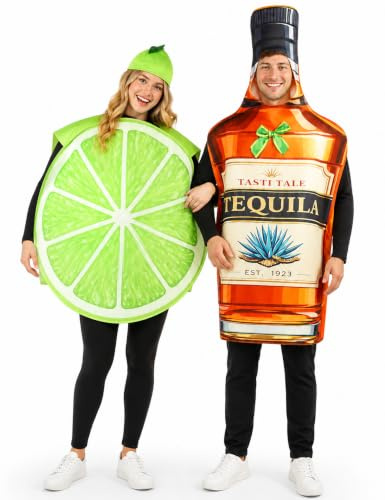 Tequila Bottle and Lime Couples Halloween Costumes 3PCS Funny Adult Set | Easy pullover tunics with matching lime hat and bold prints for margarita party food themed events cosplay and dress up