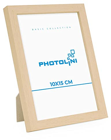 PHOTOLINI Cadre 10 x 15 bois MDF naturel, cadres photo pour posters et affiches, verre acrylique incassable, décoration murale à suspendre & à poser, avec accessoires supplémentaires