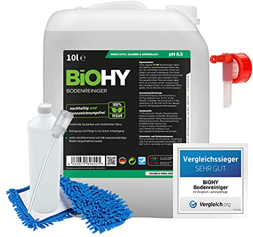 BiOHY Bodenreiniger-Set 10 Liter Kanister + Zubehör | Bodenreiniger | Auslaufhahn | Dosierer | Mischbehälter | 40cm Wischmopp | Ökologisches Reinigungsmittel für nachhaltiges Reinigen
