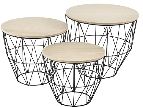 [en.casa] Set de 3X Cestas de Metal con bandejas extraíbles Mesa Baja Mesa Auxiliar para Almacenar Mesas de Centro Mesas de té y café Negro y Color de Madera