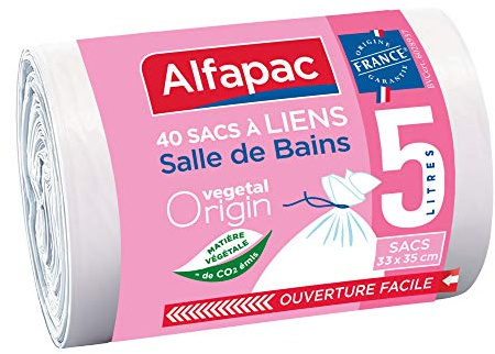 alfapac - 40 sacs 5L à lien traditionnel - Sacs-Poubelle pour salle de bains - Matière d'origine végétale - Fabriqué en France