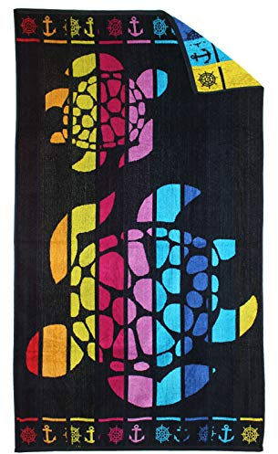 P.K. Collection Strandtuch aus 100% Baumwolle - Strandhandtuch 90x165 cm Frottee Velours - Strandlaken hochwertiger Jacquard Druck (Schildkröte Schwarz) bunt