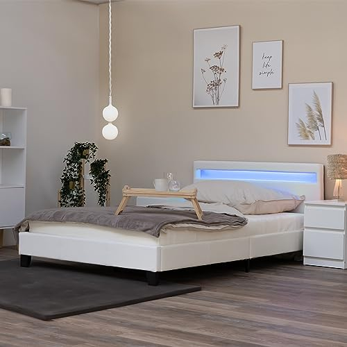 Home Deluxe - LED Bett Astro - Weiß, 140 x 200 cm - inkl. Matratze und Lattenrost I Polsterbett Design Bett inkl. Beleuchtung