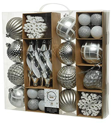Decoris 50er Set bruchfeste Weihnachtskugeln weiß/Silber aus Kunststoff für innen und außen