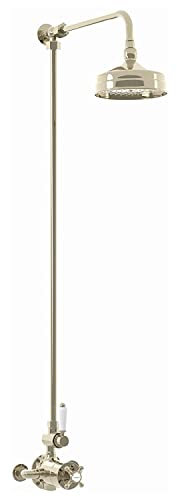 ENKI, Downton, SH0551, Twin Thermostatic Shower Set Grand Rigid Riser Kit, Rain Shower Head, Gold Shower Tap Attachment for Bathroom Shower, Traditional Thermostatic Shower Set, Gold