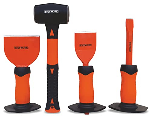 BOLTWORK Hammer Bolster Chisel 4 pc Set 2.5lb Brick Bolster 4 Electricians Bolster 2 ¼” with Guards Chisel 19mm X 250mm Hammer with Fiberglass Shaft Rubber Grip Handle, Drop Forged