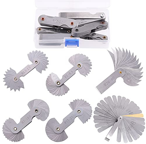 Keadic 6 Pcs Stainless Steel Radius Fillet Gauge Set with 32 Blades Feeler Gauge, Metric Imperial Arc Radius Measuring Tool R0.3-80mm for Engineer Mechanic Workshop Lathe Work