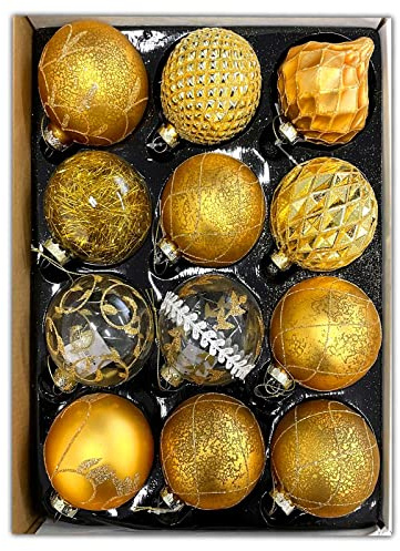 HAC24 12 Set Glas Weihnachtskugeln Handbemalt Christbaumkugeln Weihnachtsbaumkugeln Echtglas Weihnachtsbaumschmuck (Gold 2)