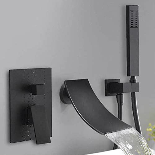 Rubinetto per vasca da bagno con rubinetto a cascata a cascata, colore nero opaco, montaggio a parete, set doccia a pioggia caldo e freddo