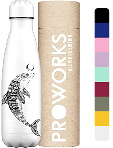 Proworks Edelstahl Trinkflasche | 24 Std. Kalt und 12 Std. Heiß - Vakuum Wasserflasche - Isolierflasche für Sport, Laufen, Fahrrad, Yoga und Camping - 1 Liter - Alles weiß - Delfin aztekisch