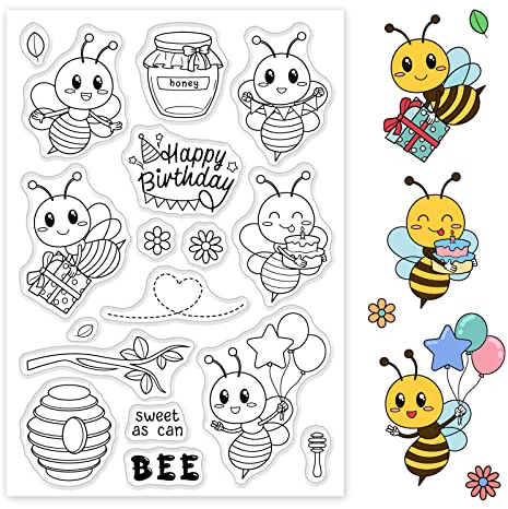 GLOBLELAND Transparenter Gummistempel, Biene, Honig, alles Gute zum Geburtstag, Silikonstempel, Insektenblumen, transparenter Stempel für Papierkartenalbum