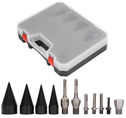 ViaGasaFamido 11Pcs Firewood Splitting Bit Detachable Wood Heavy Duty Drill Corkscrew Driver Drill Diameter 32mm 38mm 45mm 50mm with 6 Handles Storage Box Carbon Steel