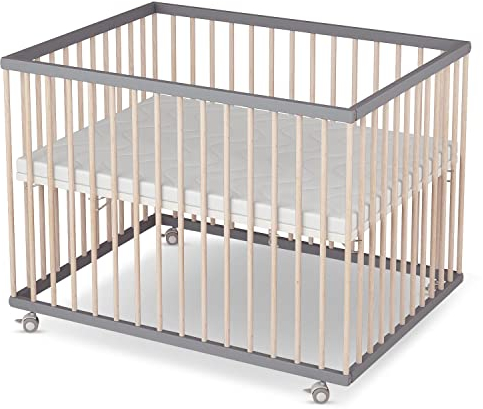 Sämann Laufgitter 75x100 cm mit Matratze - BASIC - 3-fach höhenverstellbar Laufstall Baby Buche grau/natur
