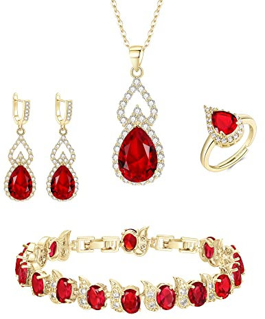 Clearine Jewellery Set for Women Gold Plated Red Teardrop Cubic Zirconia Necklace Open Adjustable Ring Earrings Bracelet Gifts for Wedding/Anniversary/Mothers Day/Birthday/Christmas