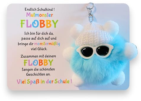 Endlich Schulkind! Mut-Monster FLOBBY, Geschenk Einschulung, Glücksbringer, Mutmacher, Schultüte, Lernhelfer, Anhänger Mäppchen oder Ranzen (Türkis)