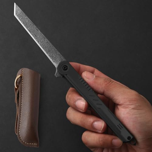 DRACHENADER Damas couteau de poche Tanto couteau pliant de haute qualité Slim avec poche couteau à une main petit acier damassé, noir