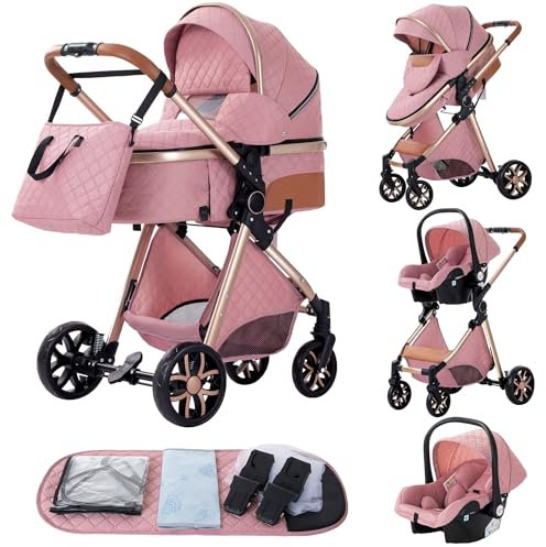 YAZOCO kinderwagen 3 in 1 Buggy Babybett Komplett Set Einem Klick Zusammenklappbarer Kinderwagen, KombiKinderwagen Aluminiumrahmen für Neugeborene Sitzzubehör (4 Rosa)
