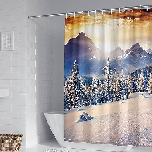 Rideau de Douche avec Motif, Rideau de Douche avec Crochets Haute Qualité en Polyester avec Motif de Paysage de Neige de Montagne d'arbre, Blanc Gris, 150x180cm