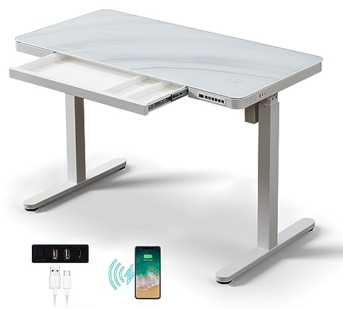 kowo Height Adjustable Electric Standing Desk with Marble Effect Glass White Desk with Drawers, USB C & Wireless Chargers, Sit Stand Electric Stand Up Adjustable Office Desk, 120 x 60cm
