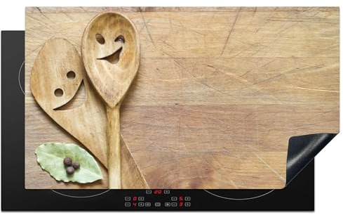 KitchenYeah© Protection Plaque Induction Protege Deco Cuisine Cache Protège | 91x52 cm - De Cuisson Accessoire Bois - Cuillères - Marron - Smiley