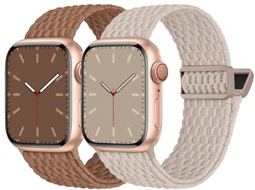 Nimblistic Kompatibel mit Apple Watch Armband Geflochten 46mm 45mm 44mm 42mm, Elastisches Nylon Stoff Band mit Magnetverschluss für Apple Watch 10 9 8 7 6 5 4 3 2 1 SE, Khaki/Milchtee
