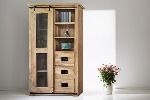 SAM Vitrine Libro, Akazienholz massiv + naturfarben, Glasvitrine mit Einer Glasschiebetür, 3 Schubladen & 7 offenen Fächern, Türelemente & Reling aus Gusseisen, 100 x 175 x 43 cm