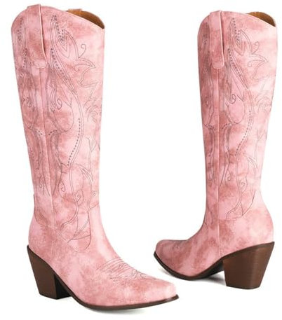 ENWIND Bottes Hautes Pour Femmes Occidentales Broderie Bottes Longues,Rose,39 EU