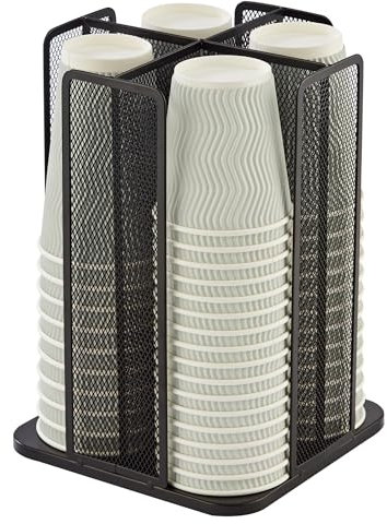 Annova Paper/Plastic Cup and Lid Holder Storage Organizer, 360°Rotating Coffee Cup Dispenser with 4 Compartments, Multifunctional Storage Rack for Home, Office, Bar, Coffee Shop (Black)