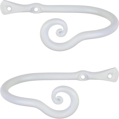 RTZEN Decorative Metal Curtain Tiebacks - Farmhouse Wrought Iron Curtain Holdbacks - Drapery Holders for Wall - Unique Metal Tie Backs for Curtains - 2 Pcs (White Classic)