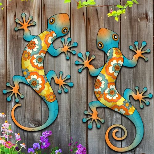 Liosecgar Gecko-Wanddekoration aus Metall, 2 Stück, 30 cm, Gecko-Wanddeko, Skulptur für drinnen und draußen, Garten, Hof, Zaun, Veranda, Zuhause, Baumschmuck