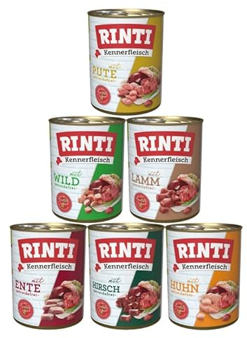RINTI-Kennerfleisch 6 x 800g Mixpaket | 6 garantierte Sorten | getreidefreies Nassfutter mit 70% Fleisch & Innereien | ohne Soja | Hundefutter