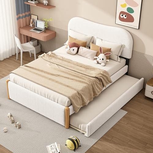 Ctastay Kinderbett Polsterbett Jugendbett 140x200 cm, Bett Doppelbett Flachbett mit Kopfteil & Ausziehbares Ausziehbett, Bettgestell mit Lattenrost, Familienbett Tagesbett, Plush, Weiß, Ohne Matratze